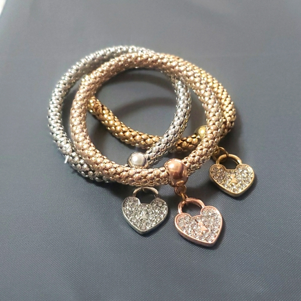 3pc/set Rhinestone Charm Bangle ❤ Heart bracelet Silver Gold & Rose gold